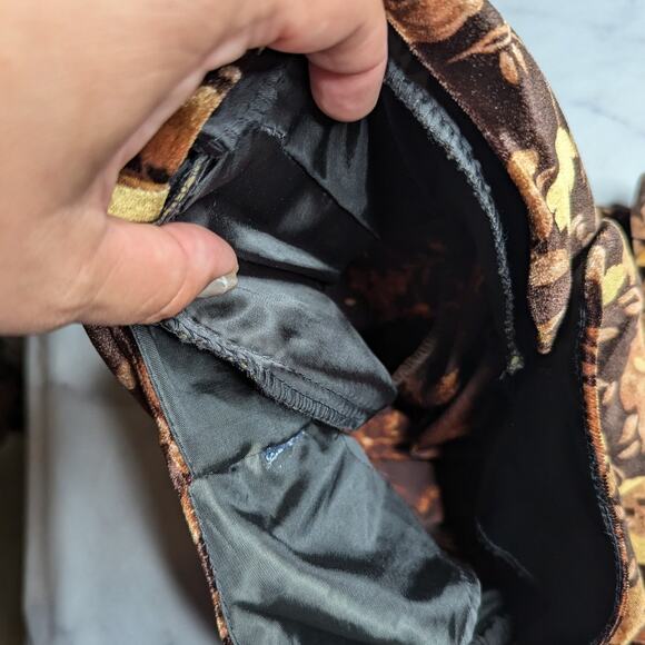 Vtg 1980s Brown Gold Floral Print Velvet Button Up Collarless Blazer Jacket L - Picture 4 of 4